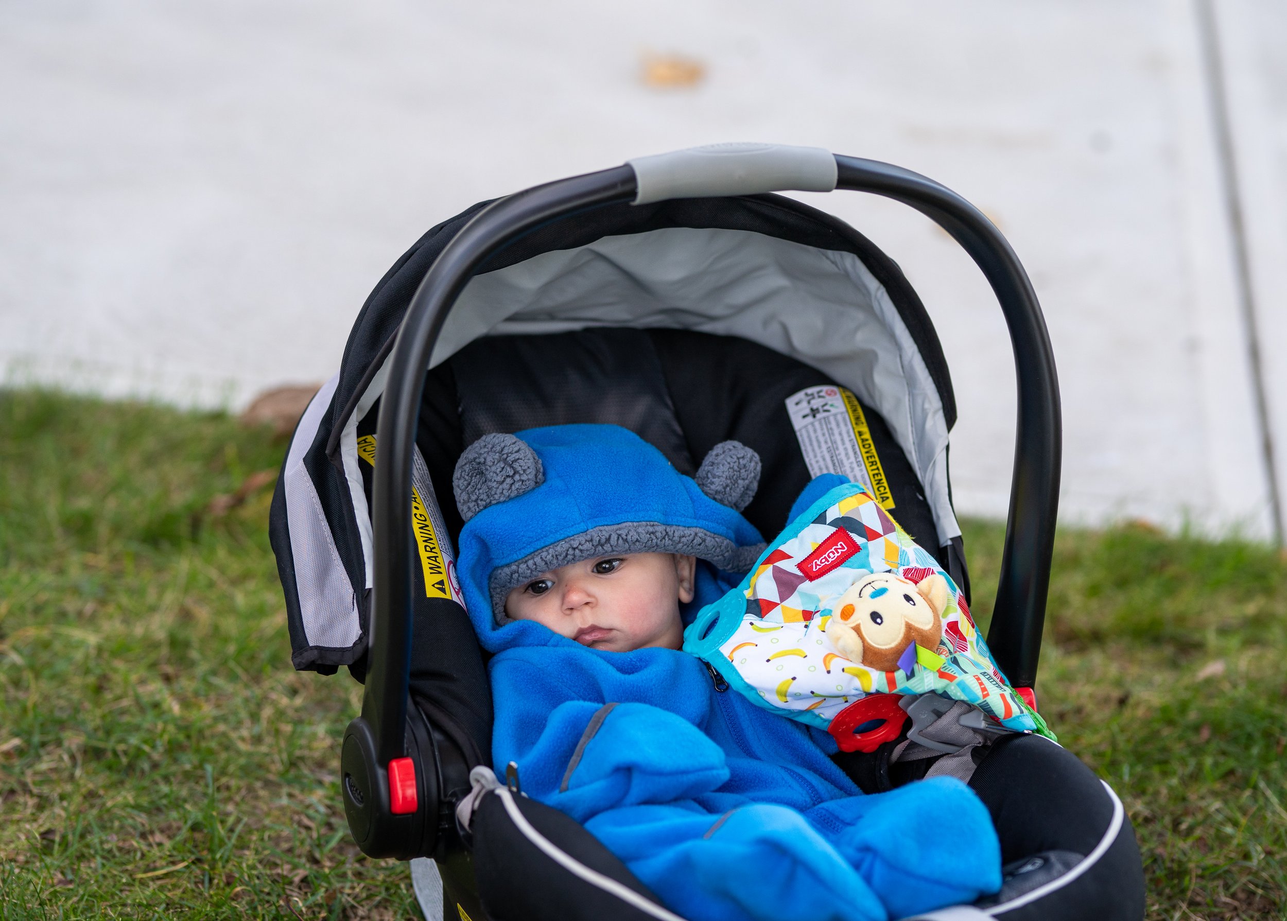 little boy outside in a carrier dressed in a blue Columbia sportswear bear suit made of fleece 